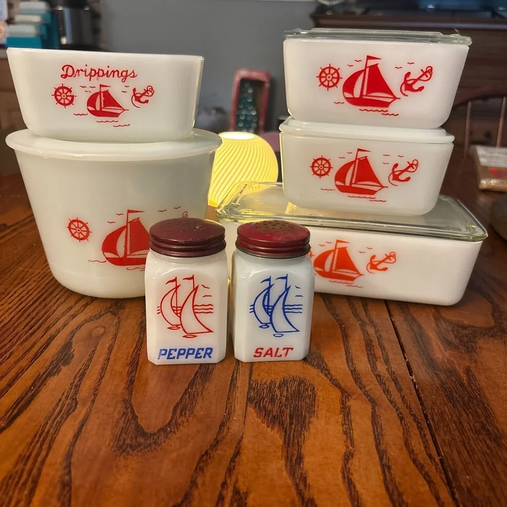 1930s Complete McKee refrigerator set with drippings jar, mixing bowl & shakers